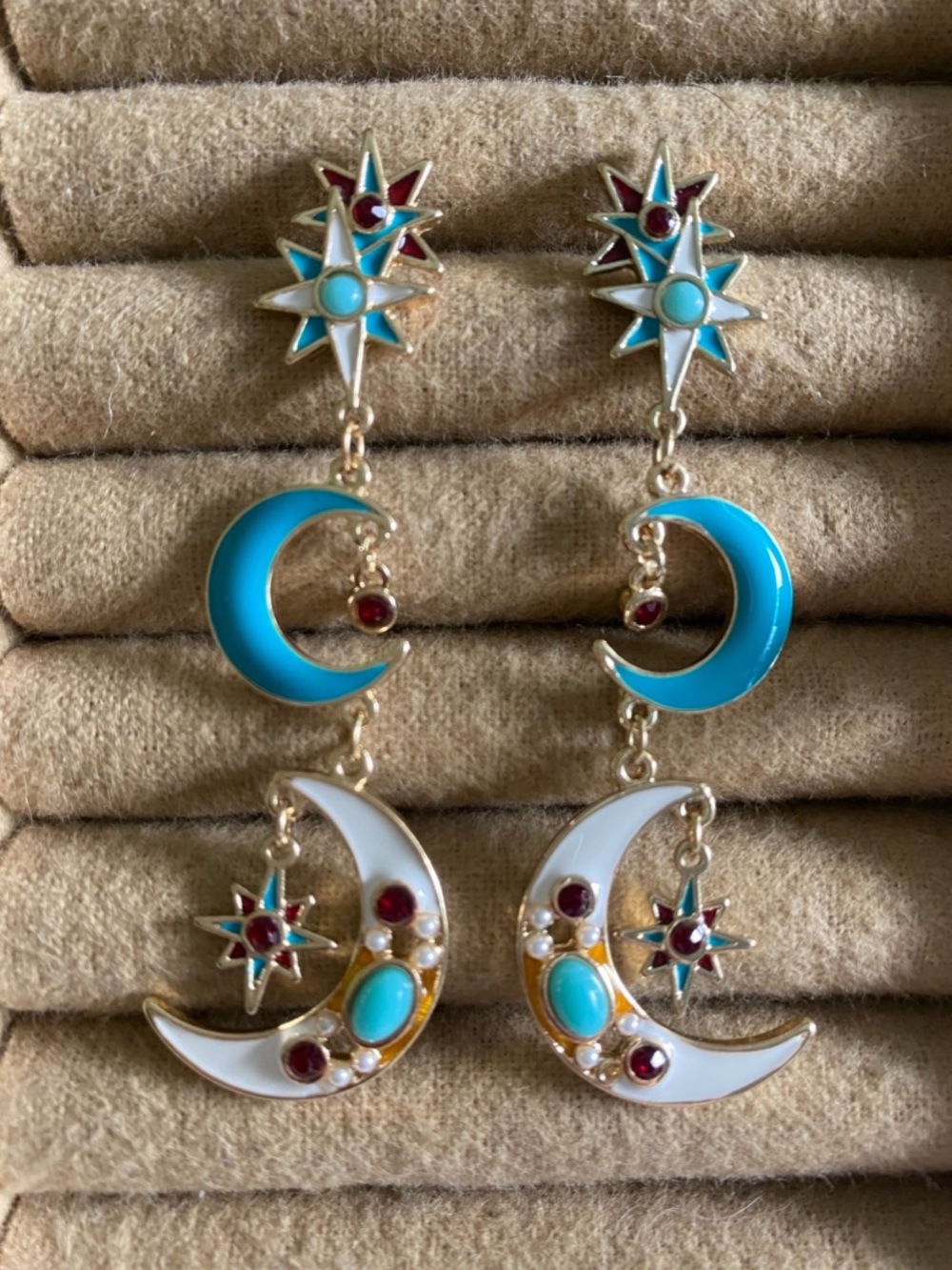 Celestial Turquoise & White Crescent Drop Earrings